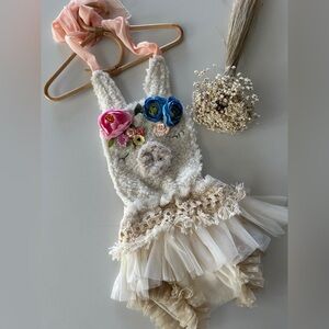 Boho Bohemian Dainty Lace Ribbon Llama Baby Milestone Photo Shoot Romper